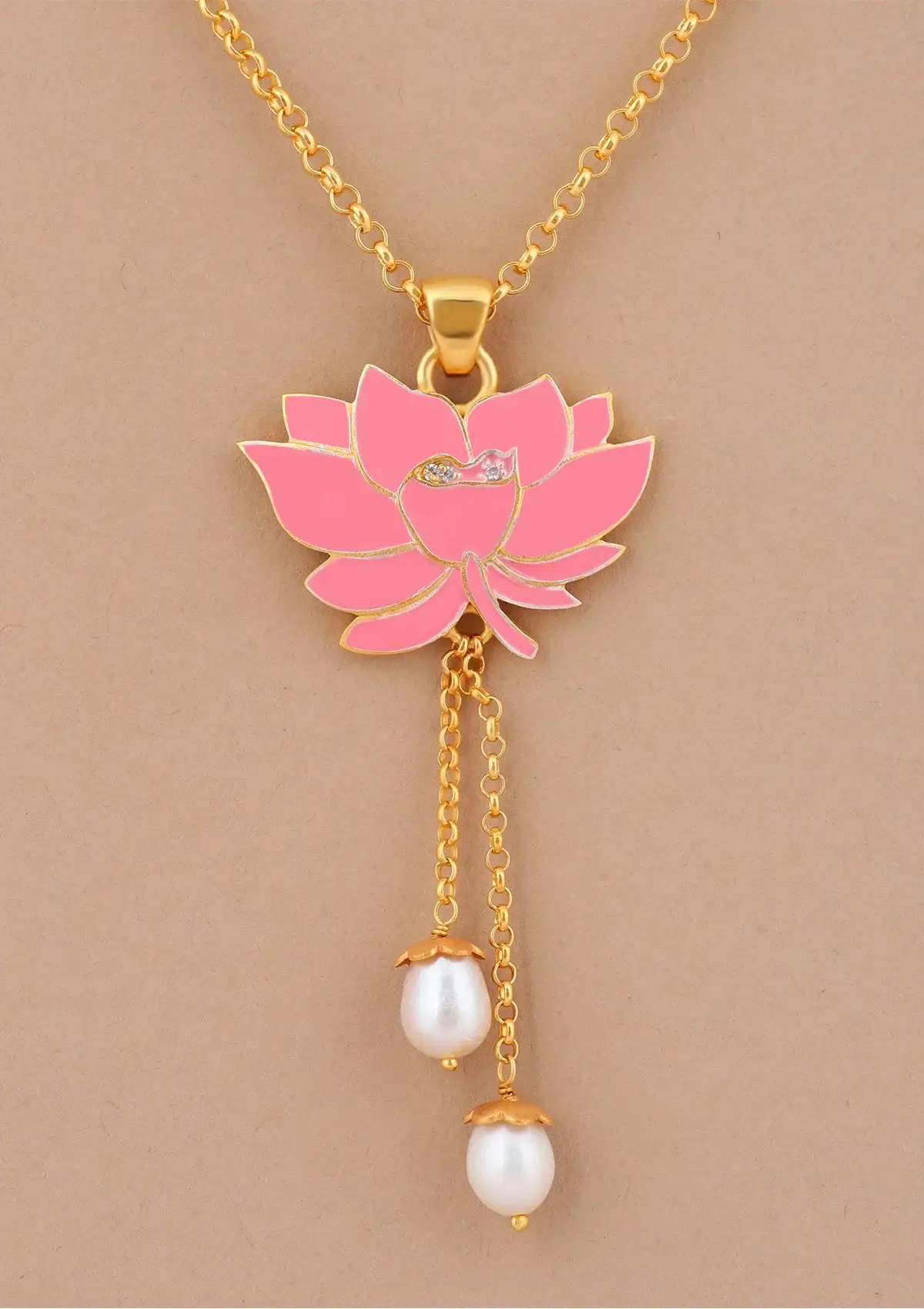 Gold Finish Silver Lotus Pendant Necklace with Earrings - Image 5
