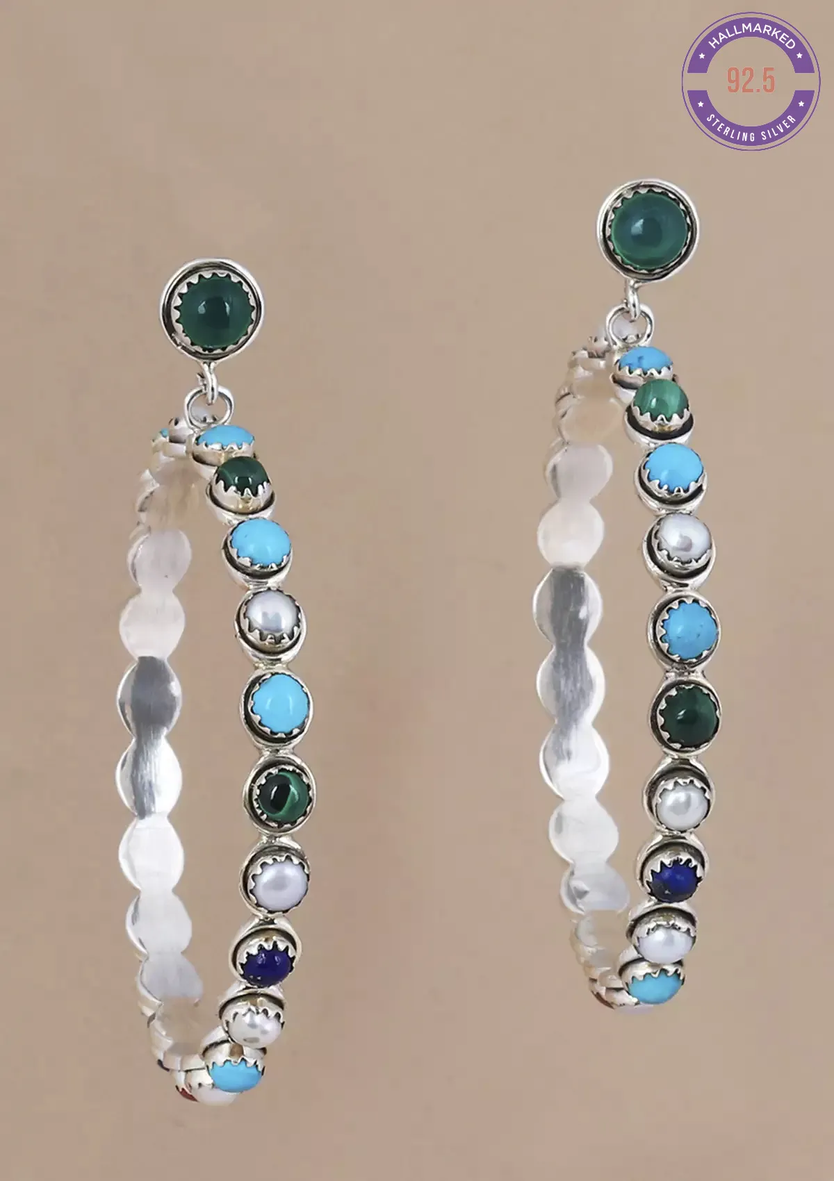 Silver Hoop Earrings studded with natural gemstones - Image 3