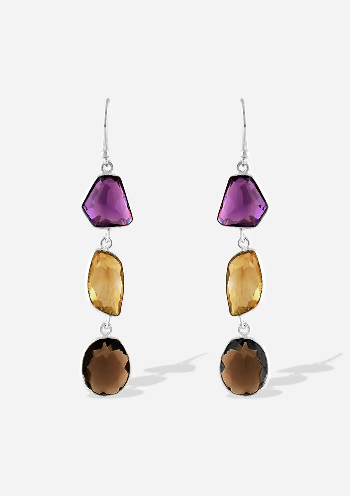 Silver Multicolour Stone Earrings - Amethyst, Citrine and Smokey Topaz - Image 3