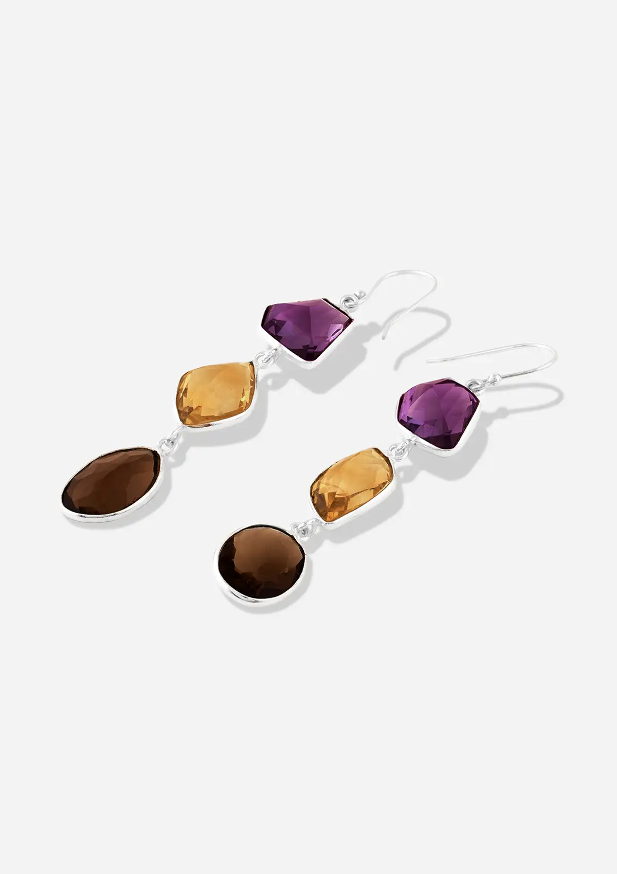 Silver Multicolour Stone Earrings - Amethyst, Citrine and Smokey Topaz - Image 4