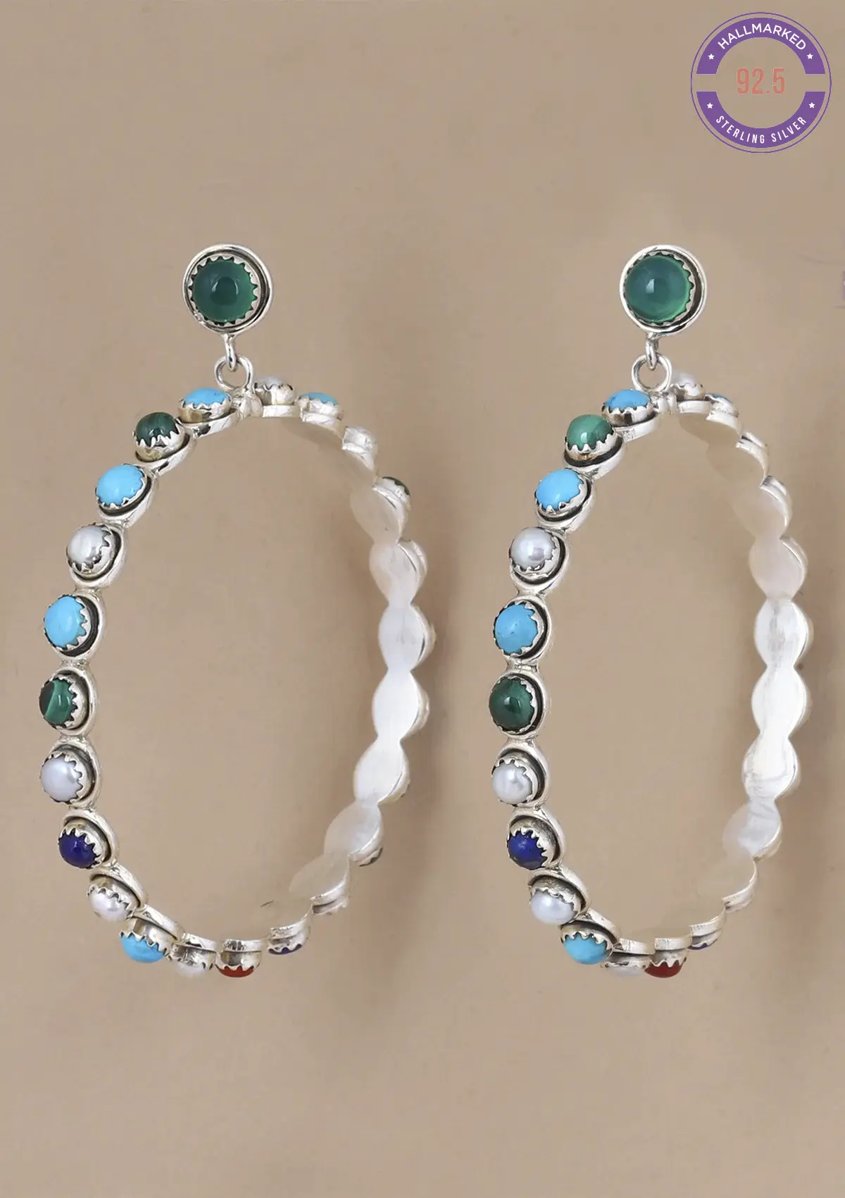 Silver Hoop Earrings studded with natural gemstones - Image 4